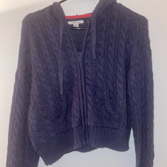 AE Cropped Cable Knit Zip-Up Sweater Dark Blue Navy - Picture 4 of 4